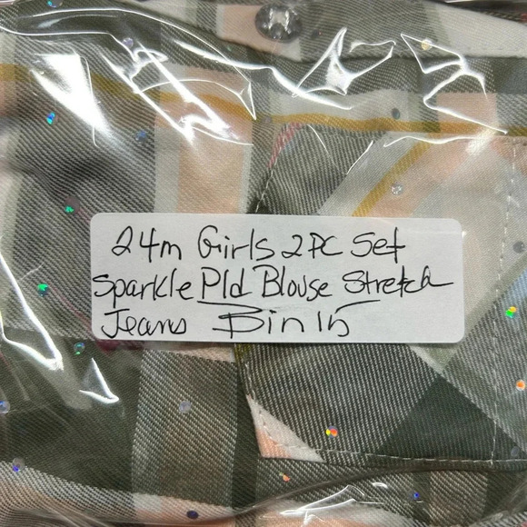 Little Lass Girl 24 Month 2 Piece Outfit Sparkle Lace Plaid Top Stretch Jeans - Picture 13 of 14